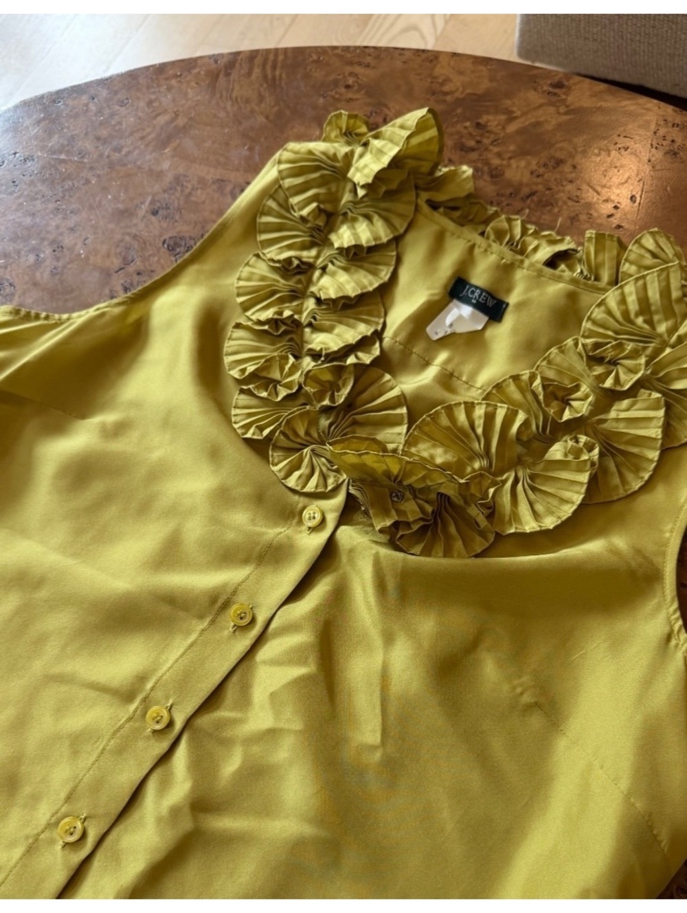 J.Crew Pure Silk Chartreuse Sleeveless Ruffle Blouse - Picture 3 of 8